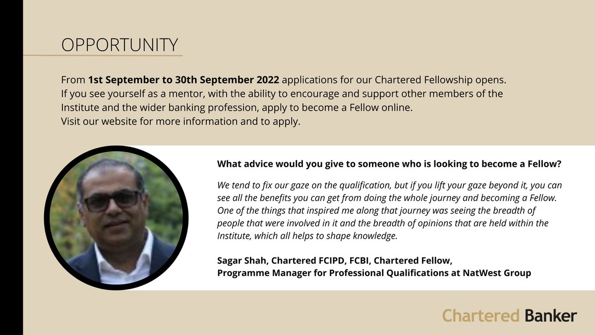 charteredbanker's tweet photo. Upcoming deadline:
An exciting opportunity is available to members of the Chartered Banker Institute.

Applications will soon open for our Chartered Fellowship, the application deadline is Fri 30th Sept 2022. 
To find out more visit: https://t.co/YoYR02tyDC
#charteredfellow https://t.co/LnP4Ks18Rq