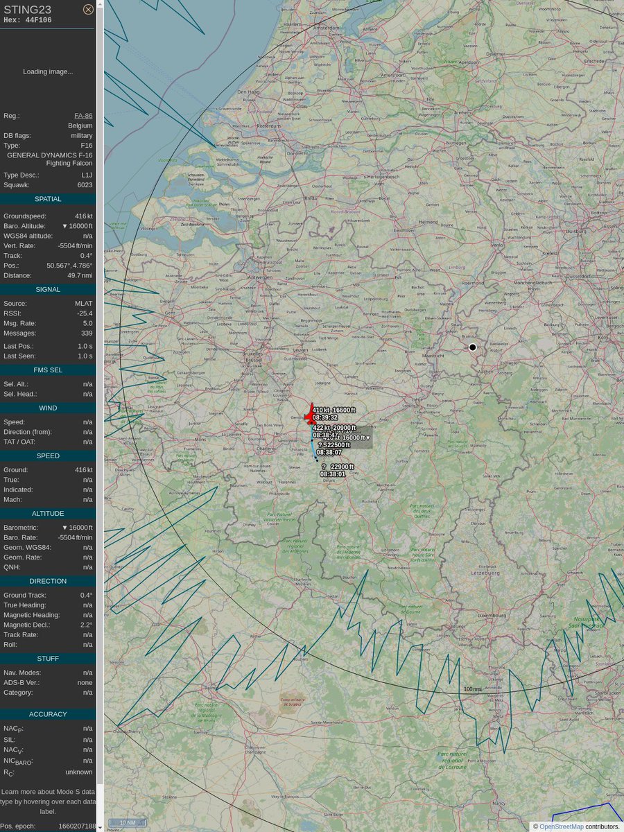 AboveHeerlen's tweet image. #PlaneAlert ICAO: #44F106 Tail: #FA86 Flt: #STING23 
Owner: #BelgianAirComponent
Aircraft: #F-16 Fighting Falcon
2022/08/11 10:39:08
#F16 #Mil #Chappy #YouJustLostARefinery #Luchtcomponent #OtherAirForces youtu.be/DyruzLjVwbc?t=… 
globe.adsbexchange.com/?icao=44F106&amp;amp;s…