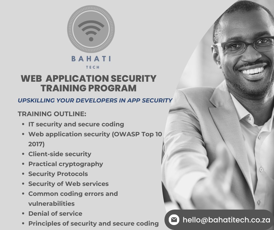 bahati_tech's tweet image. Contact us to discuss secure coding training for your development team
#secureprogramming #cybersecurity