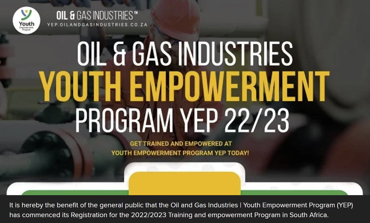Apply for the Oil and Gas Industries' Youth Empowerment Program.

You must be between the ages of 18-35 years.

Registration portal is now accessible at: 

yep.oilandgasindustries.co.za

Applying will take ± 4 minutes.

#southafrica #YouthOpportunities #ThursdayMotivation