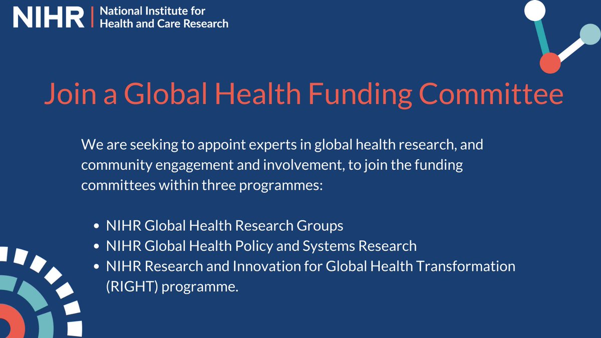 We are seeking to appoint experts in global health research, and community engagement and involvement, to join Funding Committees for three of our programmes. Applications from individuals based in LMICs are welcome and encouraged. Apply to join: nihr.ac.uk/committees/pro…