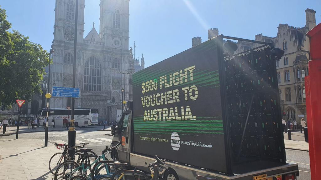 WorkAust's tweet photo. If you are in #London you might see our mobile billboard doing the rounds over the next couple of days. #GdayBoris 
#WorkInAustralia #WorkingHoliday https://t.co/YgE8mh6gIG