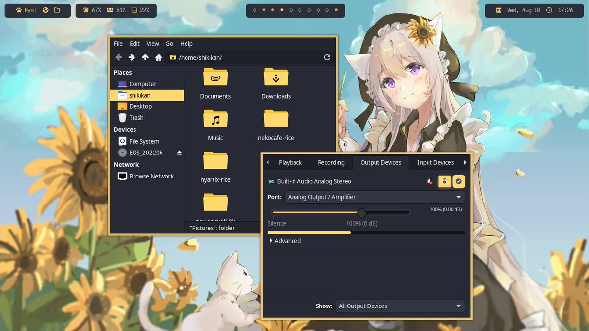 Shikikan_Neko08's tweet photo. [bspwm] sunflower
OS : EndeavourOS Linux
WM : bspwm
Terminal : kitty
Font : Iosevka Custom

#EndeavourOS #Unixporn #LinuxRicing #LinuxRice #bspwm https://t.co/GSh5uttGRM