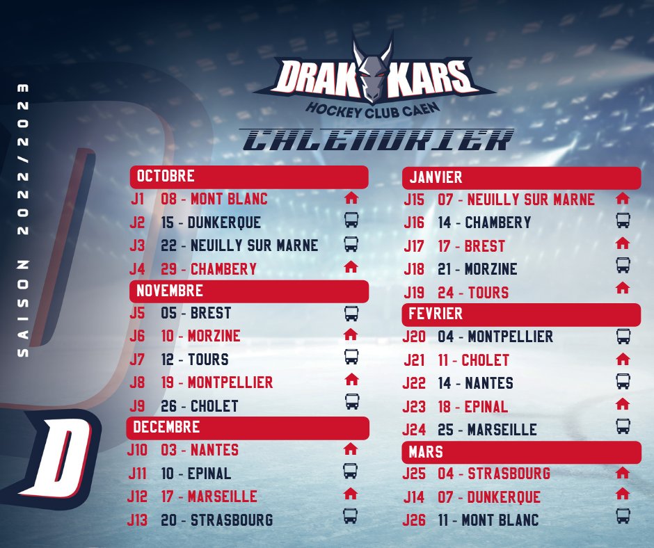 𝗟𝗲 𝗰𝗮𝗹𝗲𝗻𝗱𝗿𝗶𝗲𝗿 𝟮𝟬𝟮𝟮-𝟮𝟬𝟮𝟯 𝗱𝗲 𝘃𝗼𝘀 𝗗𝗿𝗮𝗸𝗸𝗮𝗿𝘀
🟥🟦 Comme un symbole, les Drakkars entameront la saison face aux Yétis du <a href="/hcmontblanc/">Hockey Club Mont-Blanc</a>, ancien club de notre coach Guimard le 8/10.
➡ Abonnements à partir du 22/8 au secrétariat !
<a href="/Caenlamer/">Caen la mer</a> <a href="/CaenOfficiel/">Ville de Caen</a>