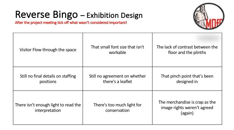 MOfP2021's tweet photo. We’ve all stepped out of the #PlanningMeeting and realised that all the key points that matter to VE were missed.
Why not use that corridor time to play ‘reverse bingo’ and knock off all the things that will be issues later?
#Museums https://t.co/1GD4R9YWBu
