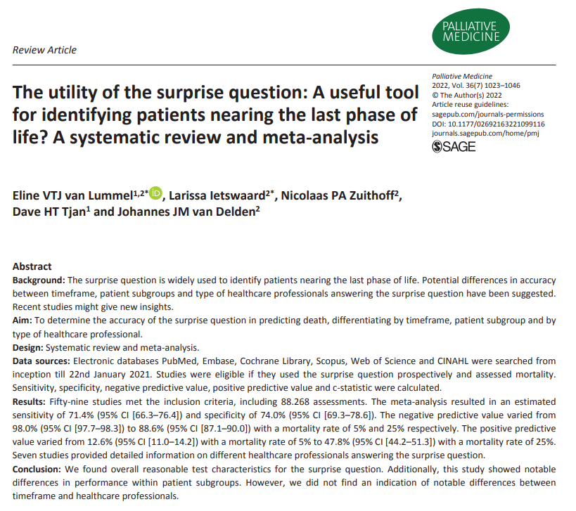 PalliativeMedJ's tweet photo. The surprise question has a reasonable accuracy and is therefore an appropriate screening tool to identify patients that could benefit from advance care planning. #hpm #hapc #acp https://t.co/gweFdxaD3g https://t.co/J24w09hHoo