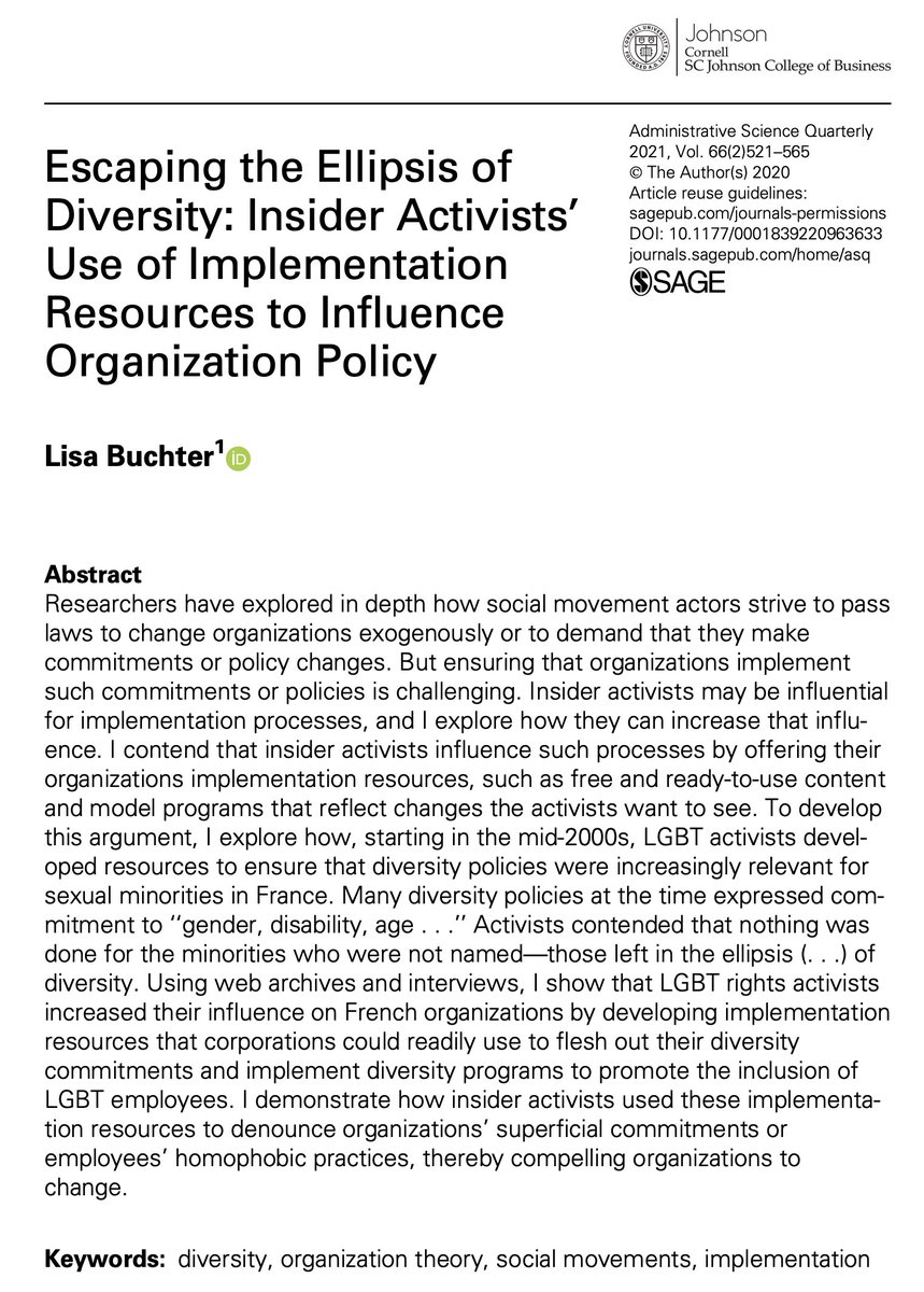 Congratulations to Lisa Buchter (<a href="/EMLYON/">emlyon business school</a>), winner of 2022 <a href="/ASQJournal/">ASQ Journal</a> Dissertation Award!
The award winning paper “Escaping the Ellipsis of Diversity” is open access through August:
journals.sagepub.com/doi/full/10.11…