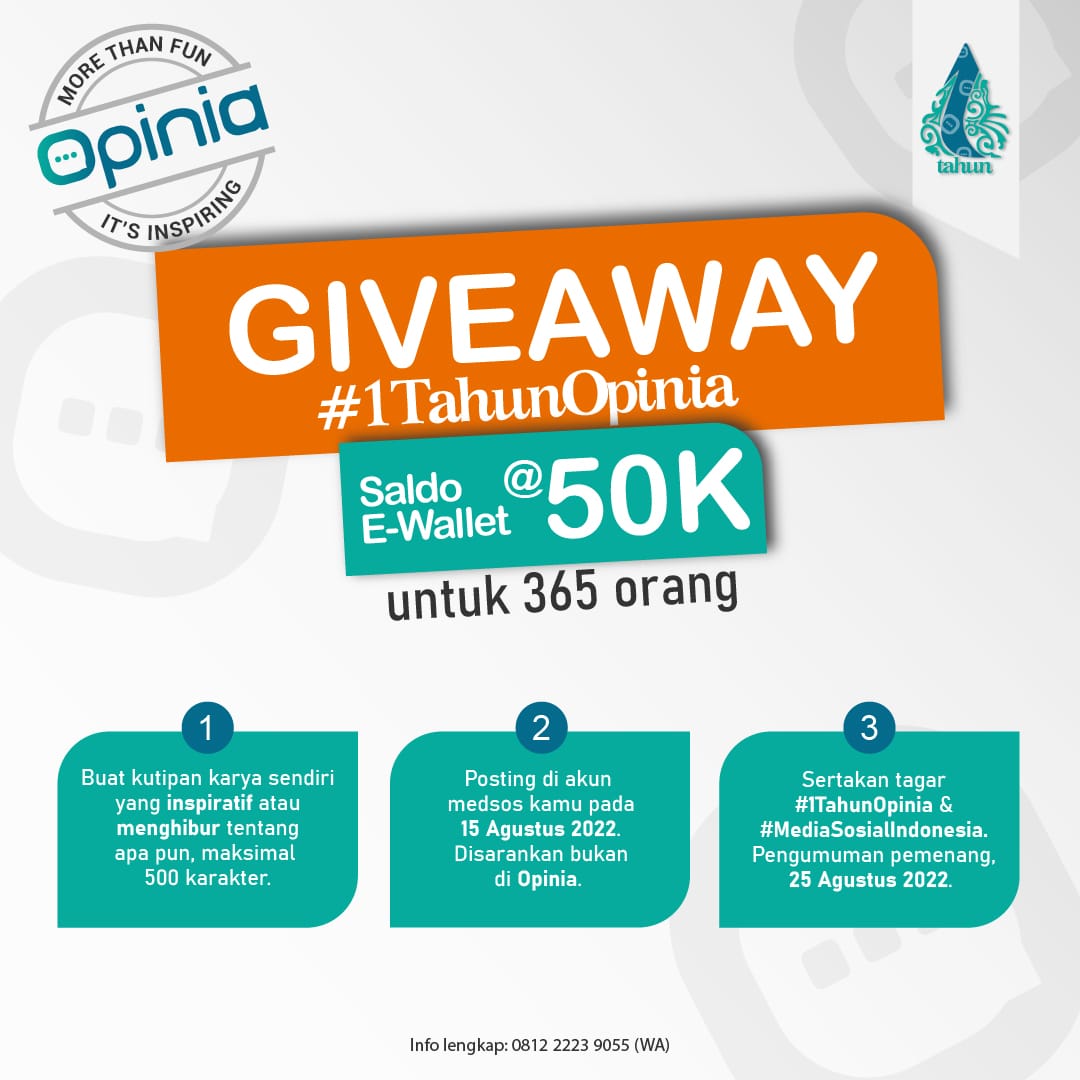 Opinia_Official's tweet image. Hai Opinian…

Apa nih lomba Agustusan yang kalian ikuti? 
Balap karung, makan kerupuk, masukkan jarum ke dalam botol, atau lomba joget balon? Apa pun lombanya, yang penting keseruannya … juga hadiahnya, wkwk ….

#1tahunopinia 
#mediasosialindonesia