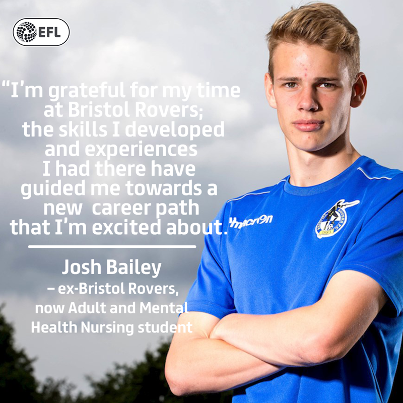 EFL's tweet photo. A severe knee injury in 2019 curtailed @JoshBailey1410's promising career at @Official_BRFC.

Using the qualifications he gained as a scholar, the 21-year-old was able to secure a place at university and pursue a completely new career pathway.

#EFL | #RaisedInTheEFL