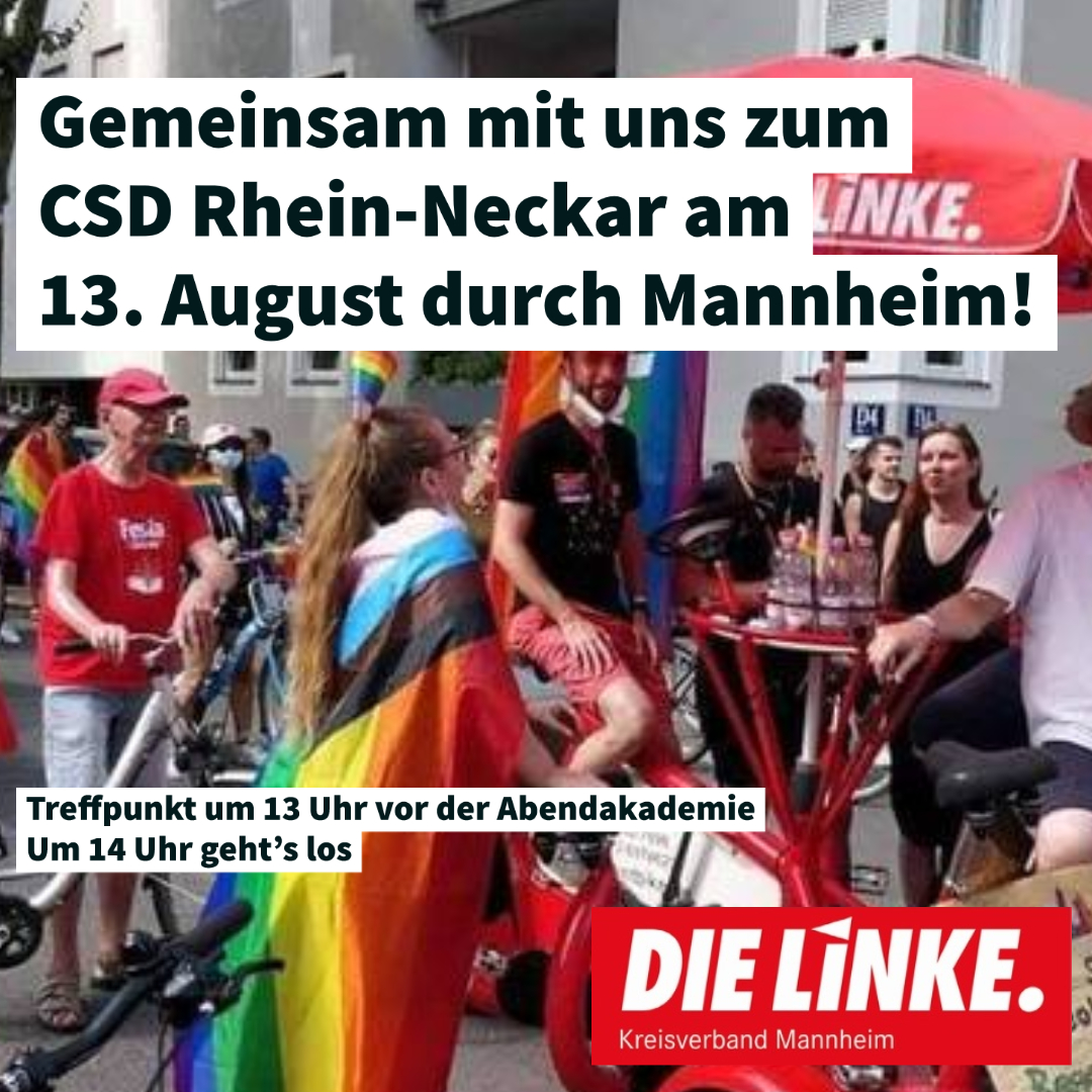 DieLinke_MA's tweet photo. Wir rufen zur Teilnahme mit uns auf unserem Bierbike am #CSD Rhein-Neckar 2022 am Samstag 13.8. ab 13 Uhr vor der Abendakademie in #Mannheim auf. Gegen Intolleranz und #TERF, für das bunte Leben! #Queer #CSDRN #CSD2022 https://t.co/SNNWz1cidI https://t.co/kCnhA4ETJS