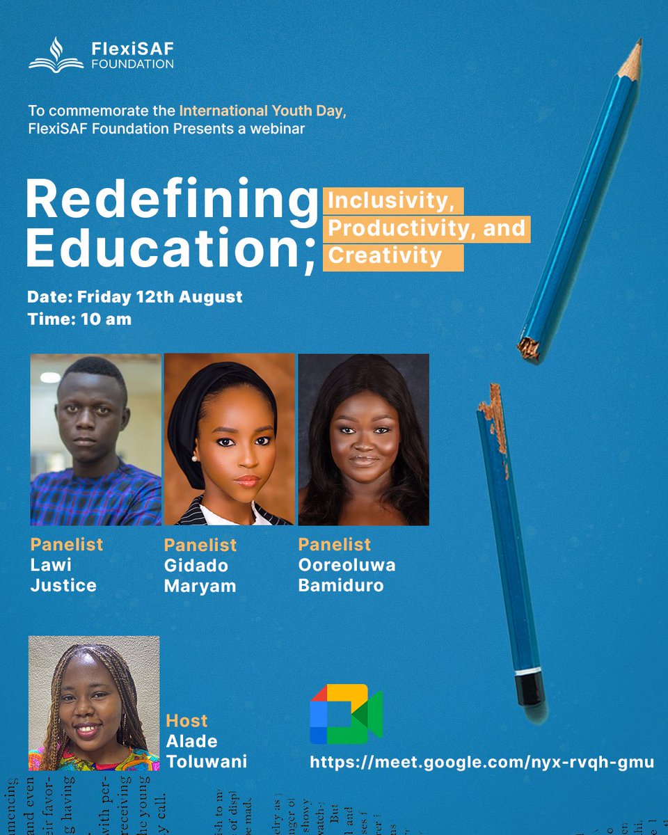 It’s tomorrow!!! 

Join us for an impactful session on the discussion, “Redefining Education; Inclusivity, Productivity and Creativity” with a panel of young change makers! 

Use the link below to access the free event:

meet.google.com/nyx-rvqh-gmu

#InternationalYouthDay2022