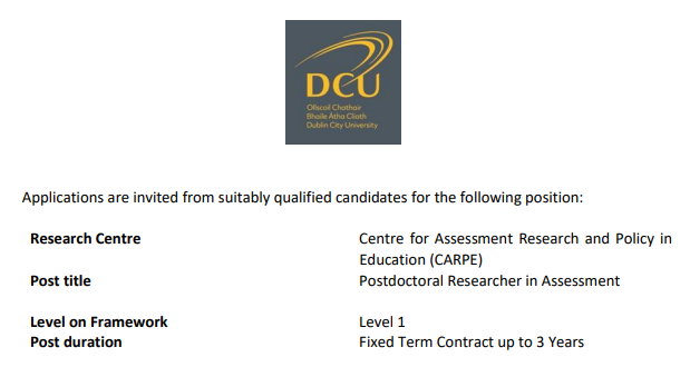 Assessment Matters (@carpe_dcu) on Twitter photo Are you interested in educational or workplace assessment? We are currently looking for a post-doctoral researcher to join our team <a href="/carpe_dcu/">Assessment Matters</a>. More details can be found here: dcu.ie/hr/vacancies-c…
Closing date: September 9th. Are you interested in educational or workplace assessment? We are currently looking for a post-doctoral researcher to join our team <a href="/carpe_dcu/">Assessment Matters</a>. More details can be found here: dcu.ie/hr/vacancies-c…
Closing date: September 9th.