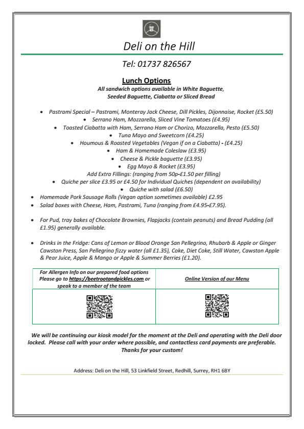 Deli on the Hill has re-opened but with temporary reduced hours and a slightly reduced menu due to continued staff illness. We'll be open Monday to Saturday 10-2. Thanks to all those that have passed on their best wishes. From the Deli Team #redhill #reigate #shopsmall #shoplocal