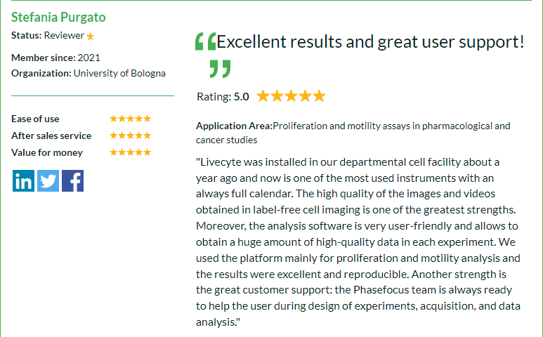 PhaseFocus1's tweet photo. "Excellent results and great user support"

We're very proud of our 4.9 out of 5 overall rating for #Livecyte on review site @SelectScience. See for yourself what Livecyte owners have to say about it.

https://t.co/qfb7wkB31r

#livecellimaging #microscopy #drugdiscovery #biotech https://t.co/dS1UcSZLGE