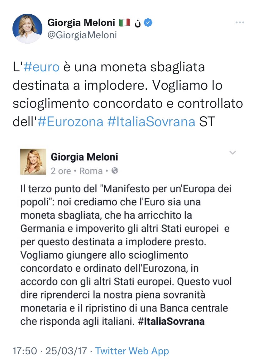 SimonaMalpezzi's tweet photo. Giorgia Meloni resta quella che il PNRR non lo voleva e che ha definito l'euro una moneta sbagliata, chiedendo lo scioglimento dell'Eurozona. Capisco la necessità di apparire come una leader responsabile ed europeista ma restano le parole che sono pietre. https://t.co/mQoda8YWQO