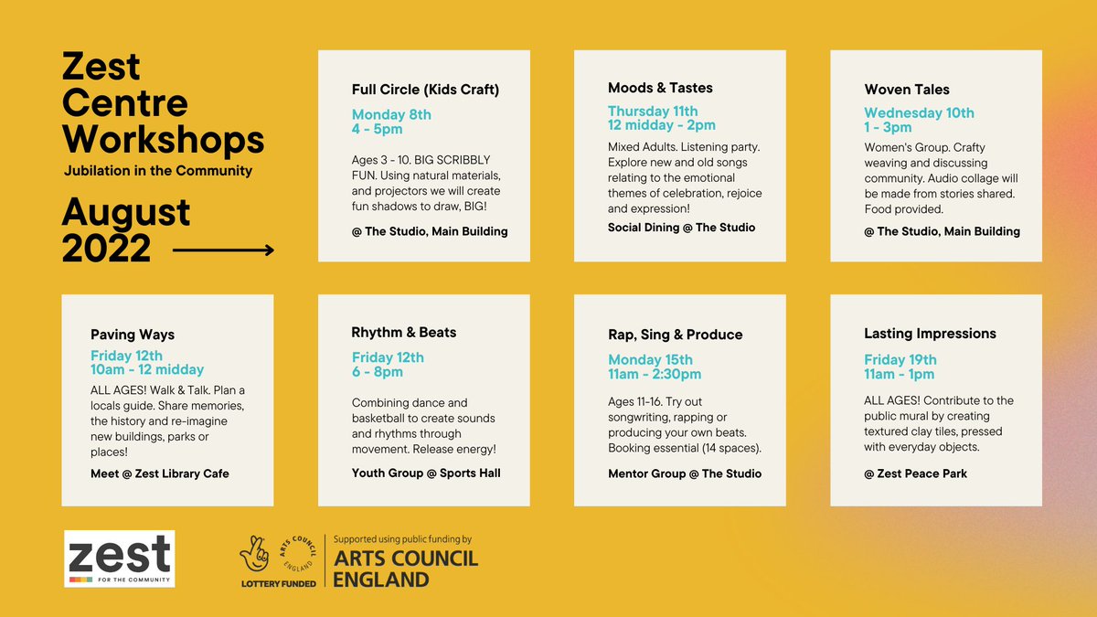 @ZestCentre x <a href="/TftPlayground/">Tales From The Playground</a> workshops happening this August!  ALL FREE - just drop in!