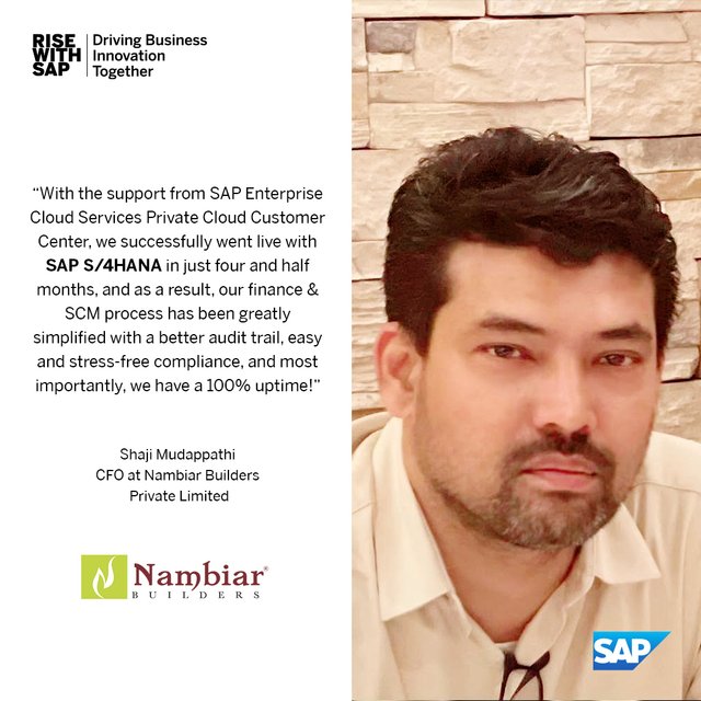 shahkvs's tweet photo. Congratulations, Nambiar Builders, on going live with @SAP S/4HANA. Find out how #RISEWithSAP can help your organization transform its business operations and streamline finance and SCM process. https://t.co/f9Mj2CQLRP @SAPIndia https://t.co/qIyycro04U https://t.co/iQYXAtbxRj