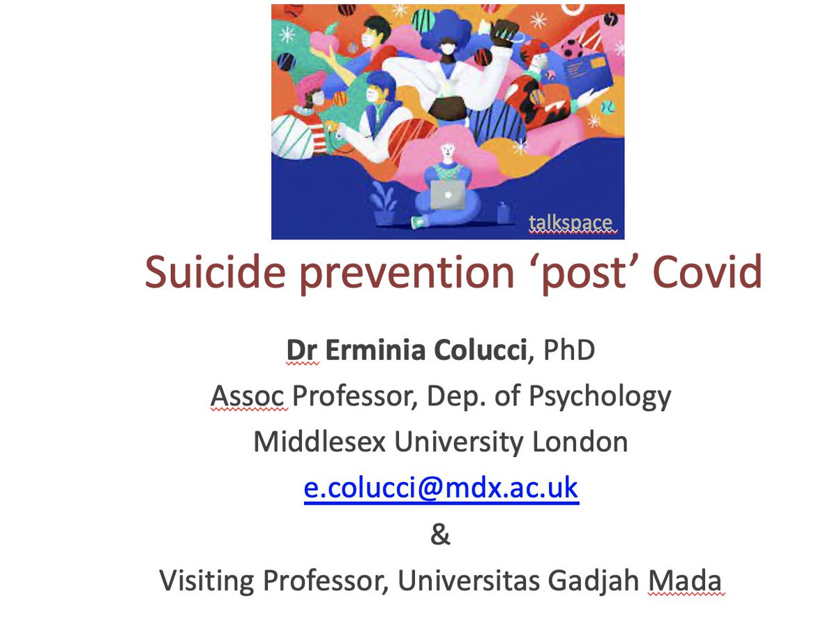 ErminiaColucci's tweet photo. Thank you @DianaSetiyawati and @cpmhugm for including #SuicidePrevention and involving me in your 'Mental health system post Covid-19: The way forward'
@MiddlesexUni @MDX_Psychology @MDXSAT https://t.co/OyZLCFa39o