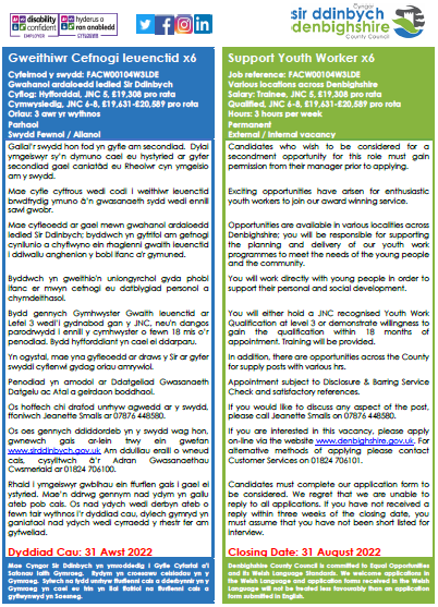 DCCyouthservice's tweet photo. Denbighshire youth Service currently have part time, permanent Support Youth Worker vacancies available. For more information, follow the link below and search “Youth”. 

https://t.co/RQN8L0iut6 https://t.co/rvx2TIDgsU