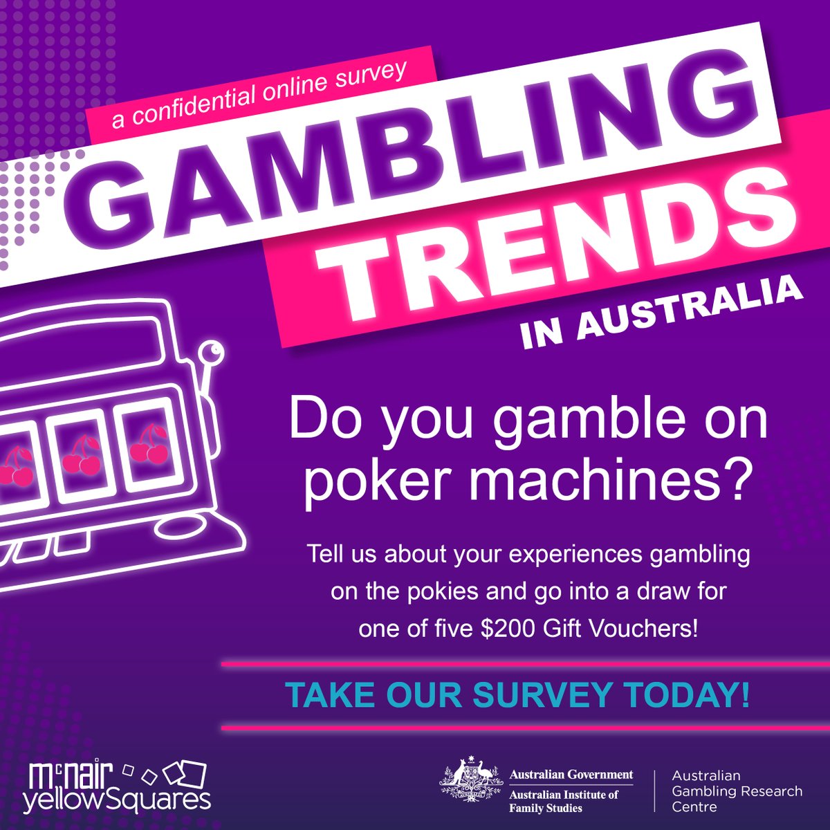 Looking for Australians to share their experiences with pokies.

@FamilyStudies aim to: monitor trends -types of products people gamble on, how often people gamble and how much people spend, and impacts on health and wellbeing.

Visit mys.re/PSC22