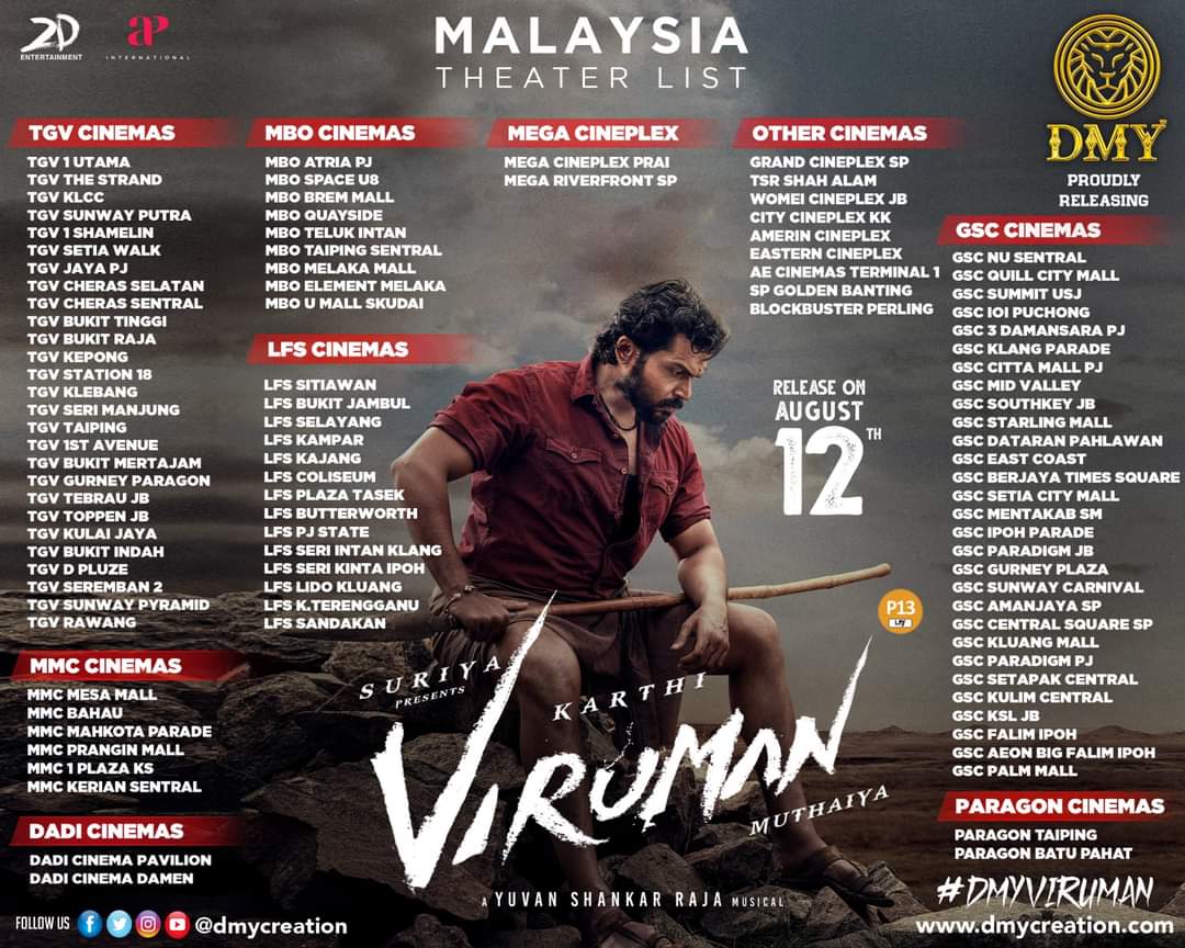 #Viruman Malaysia Theatre List.

Releasing in 1️⃣0️⃣3️⃣ Locations.

#Viruman Get Ready to enjoy rural mass action entertainer 🔥🔥🔥

#VirumanFromAug12

@Karthi_Offl @AditiShankarofl @Suriya_offl @DmyCreation @MalaysiaTickets