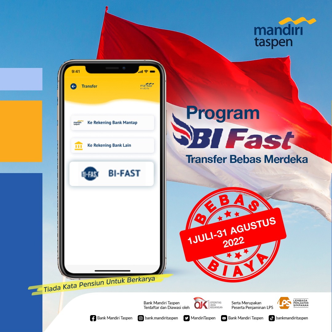 MandiriTaspen's tweet photo. Download segera aplikasi #MantapMobile dari Bank Mandiri Taspen dan dapatkan promo Transfer Bebas Merdeka, Bebas Biaya, dari program BI-Fast. Merdeka bareng-bareng rayakan HUT Kemerdekaan RI πΉβ€οΈ
#BankMandiriTaspen #bifast #bebasmerdeka #merdeka #TiadaKataPensiunUntukBerkarya https://t.co/pfCJOMCkC8