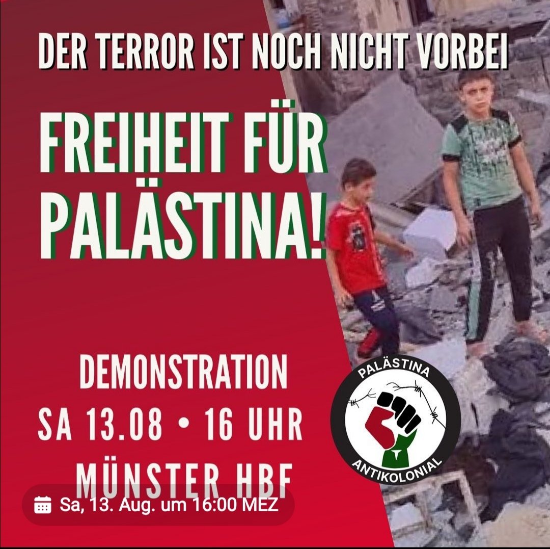 JuFoDIGMuenster's tweet photo. Nach dem massiven Beschuss der israelischen Zivilbevölkerung mit über 1000 Raketen durch die terroristische Organisation „Islamischer Jihad in Palästina“ (IJP) ruft die antisemitische Gruppierung „Palästina Antikolonial“ zu einer Demonstration gegen Israel auf. https://t.co/w8lqdqN3n1