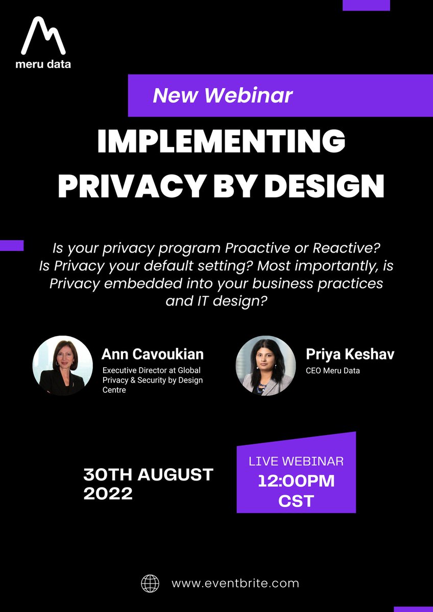 merudata's tweet image. Privacy by Design (PbD) has gained a lot of prominence in recent times. Register for the webinar “Implementing Privacy by Design” and listen to Ann talk about ways to incorporate PbD for new and existing businesses. Register now: lnkd.in/dRd4zqKU

#merudata