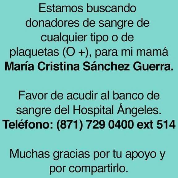 Se solicita #sangre en #Torreon <a href="/donaenvida/">Únete Dona en Vida</a> <a href="/sangreamiga/">Sangre Amiga</a> <a href="/somosblooders/">Blooders</a>
