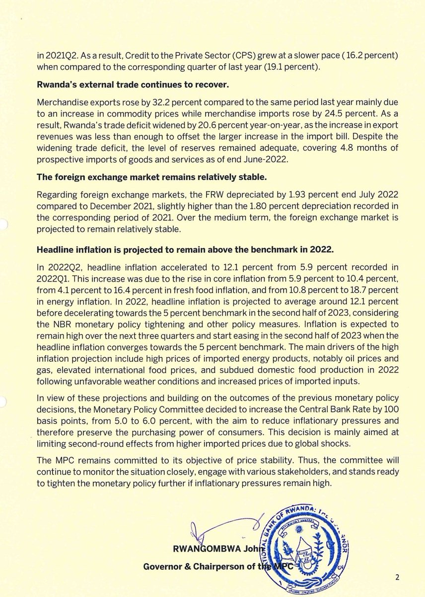 The MPC decided to increase the CBR by 100 basis points, from 5.0 to 6.0  percent, with the aim to reduce inflationary pressures and therefore  preserve the purchasing power of consumers. Download