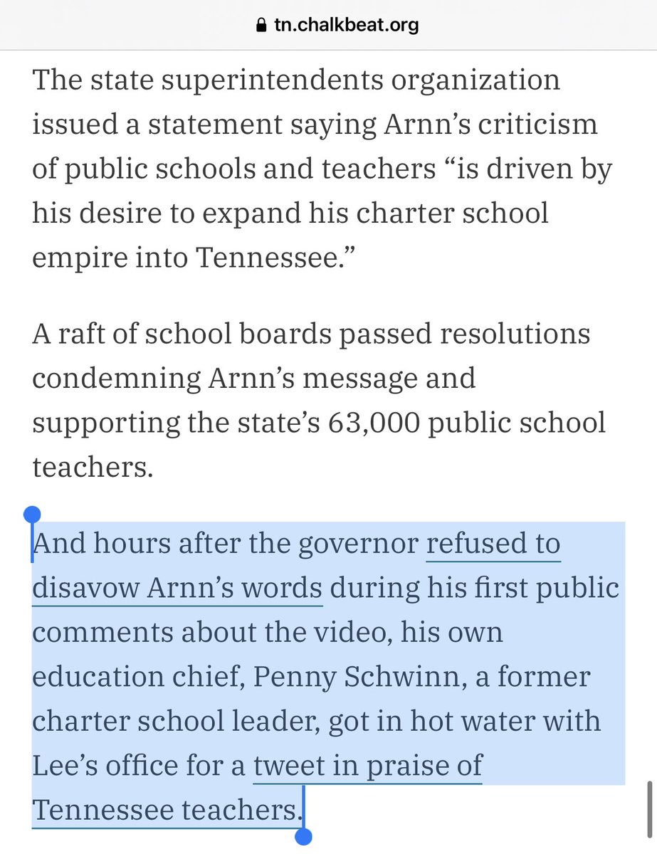 TheTNHoller's tweet photo. 🤔Per @ChalkbeatTN — After @Hillsdale president Larry Arnn trashed teachers, @TNedu commissioner @SchwinnTeach got in trouble with @GovBillLee FOR PRAISING THEM. 

AGAIN: Gov. Lee is leading the attack on public schools👇🏽
https://t.co/SKzSFMGKO4 https://t.co/lEXOy8fxcq