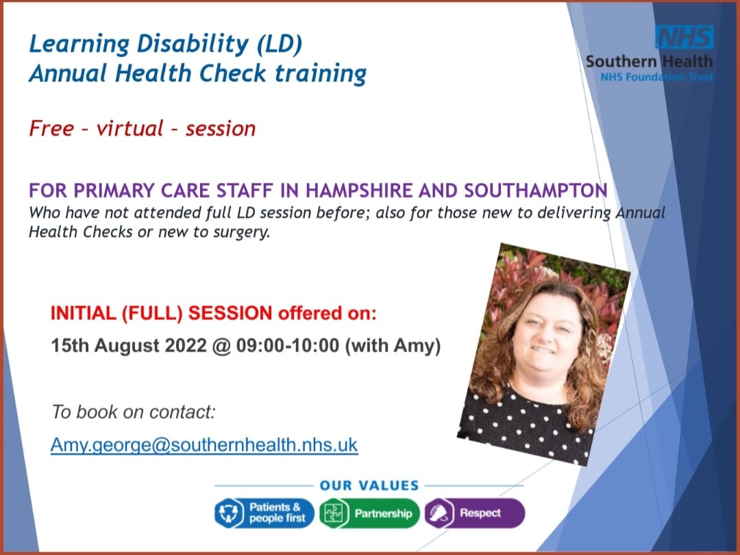 We arranged a last minute #LearningDisability #annual #health #check training #session  for our #primarycare #colleagues in #Hampshire and #Southampton who would like to join @amycastles on 15th August at 9am. Please email Amy if interested. @NHSSEHantsCCG @elveta4