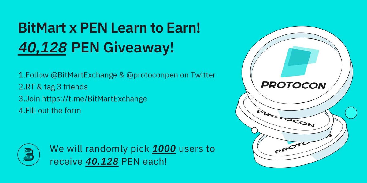 🚀To celebrate @protoconpen listing, join to win 40,128 $PEN(Approx.$5,000)
 
1⃣Follow <a href="/BitMartExchange/">BitMart</a> &amp; @protoconpen
2⃣RT and tag 3frds
3⃣Join t.me/BitMartExchange
4⃣Fill forms.gle/RCud4YeKPaDLmZ…
 
💎1000 lucky winners receive 40.128 PEN each!
⏰By 11:59 PM EDT August 15