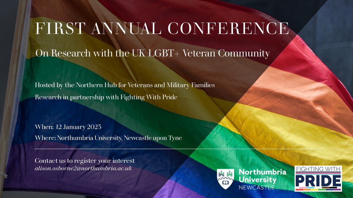 Northern Hub for Military Research (@northern_hub) on Twitter photo We are hosting the first #annualconference on research with the UK #LGBT+ #veteran community in partnership with <a href="/fightingwpride/">Fighting With Pride</a>!
📅12 January 2023 at <a href="/NorthumbriaUni/">Northumbria Uni</a>, Newcastle
Call for abstracts and registration details to follow.
Any queries, contact Alison👇 We are hosting the first #annualconference on research with the UK #LGBT+ #veteran community in partnership with <a href="/fightingwpride/">Fighting With Pride</a>!
📅12 January 2023 at <a href="/NorthumbriaUni/">Northumbria Uni</a>, Newcastle
Call for abstracts and registration details to follow.
Any queries, contact Alison👇