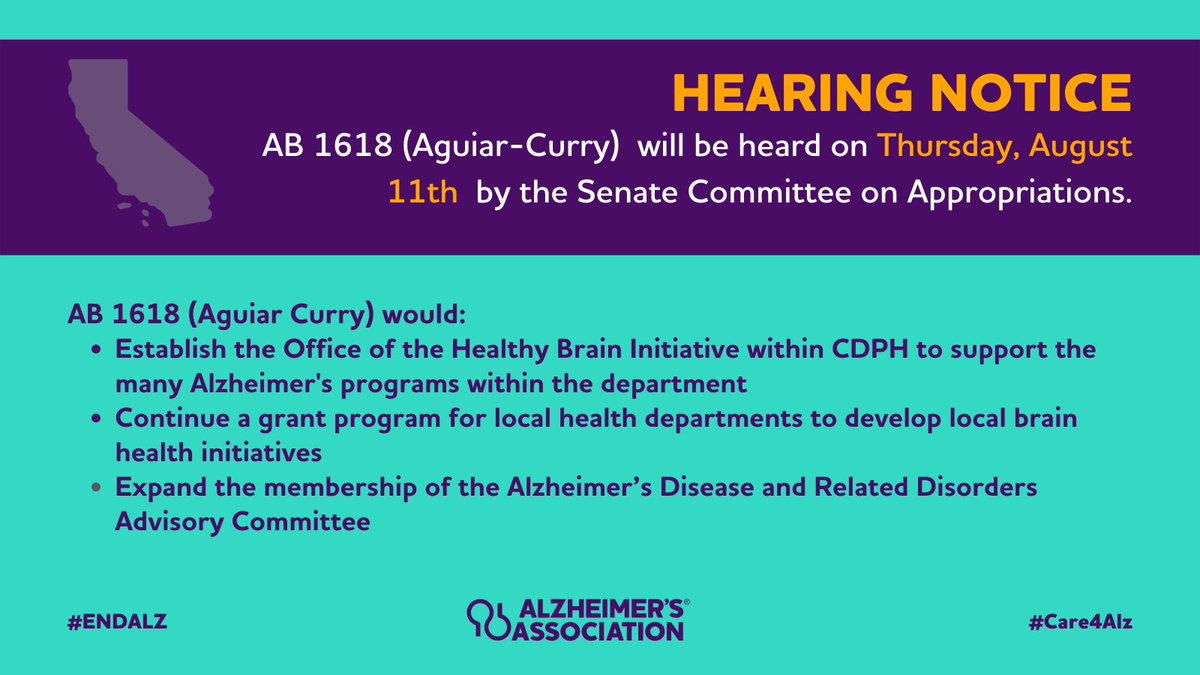 californiaalz's tweet photo. Tune in TODAY 8/11 when the Senate Appropriations (@Portantino) will hear #AB1618 (@AsmAguiarCurry) during its Suspense File hearing. #Care4ALZ https://t.co/3LZVjo0tfA