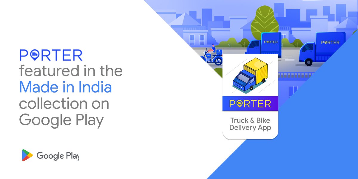 porterit_'s tweet photo. The #Porter app is now featured on #MadeinIndiaCollection by @googleplay! We thank all our team members, partners & customers for recognising our efforts. ๐
Google Play pe feature? #HoJayega
#TransportGoods #MadeinIndia #GooglePlay #IndiaKiUdaan
@GoogleIndia | @GoogleDevsIn https://t.co/UsvNd6YFqm