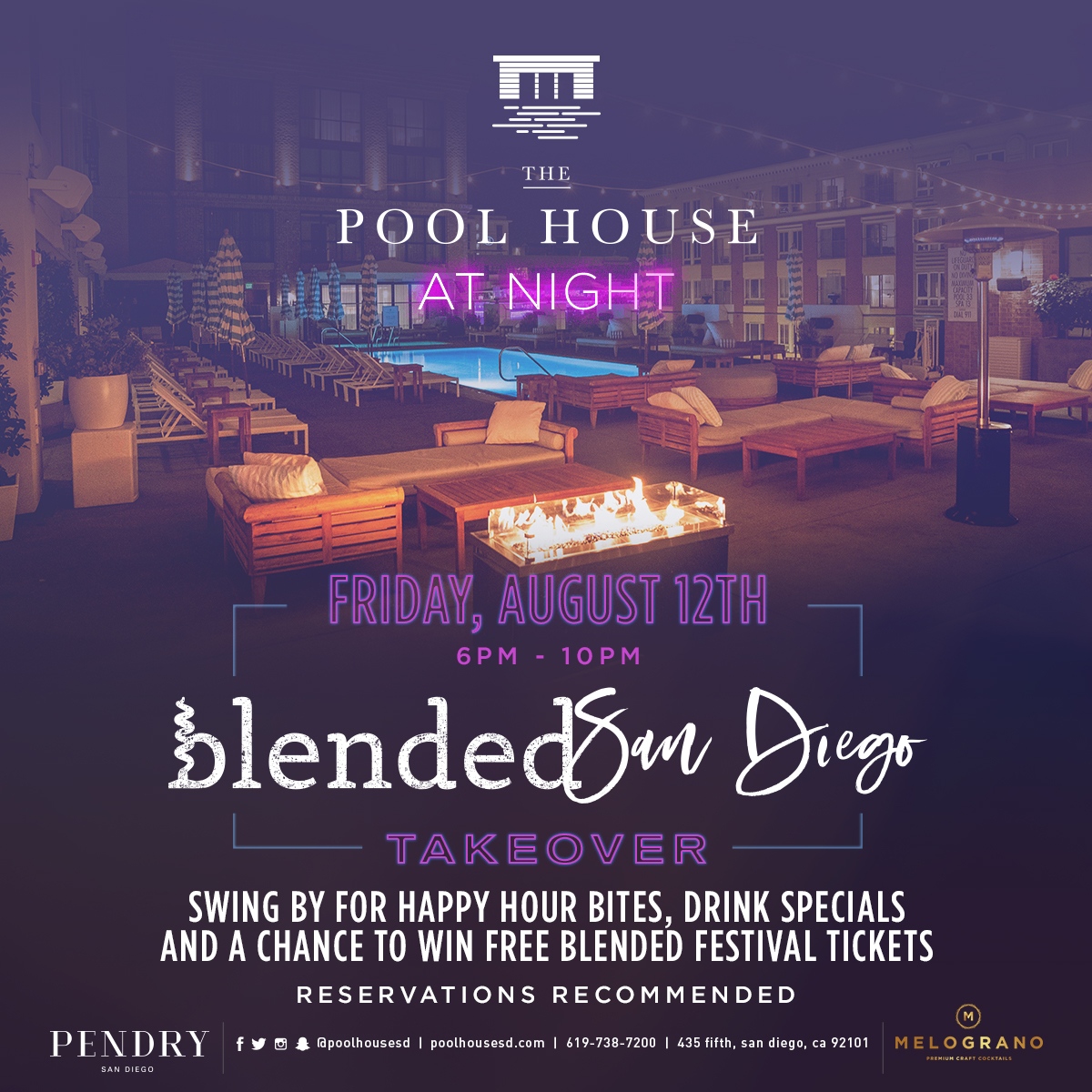 San Diego! 🌴 Join us this Friday, August 12th at <a href="/poolhousesd/">The Pool House</a> for happy hour bites, drink specials, and a chance to win Blended Festival tickets 🎟
