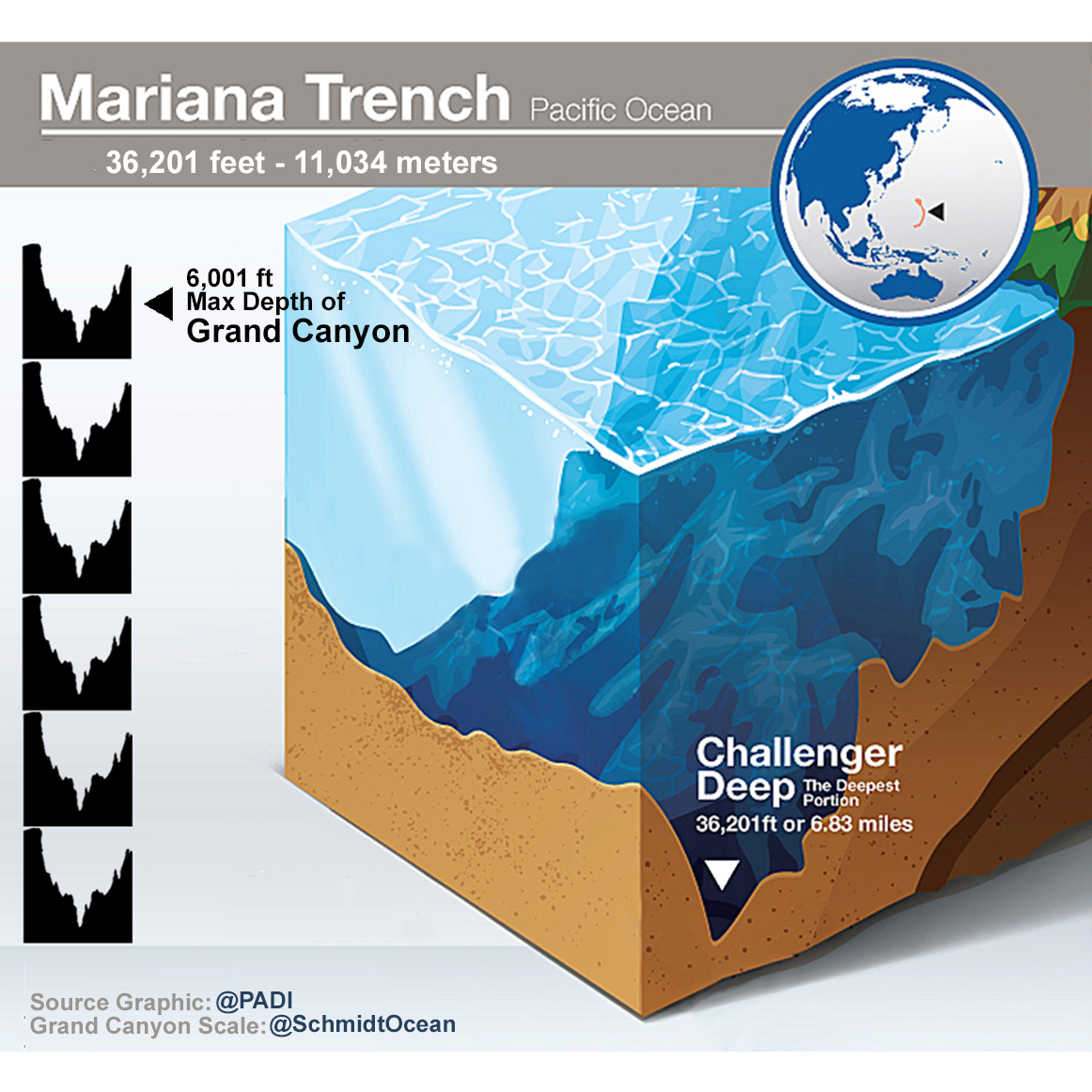 Schmidt Ocean on X: "#FishScales ~ The Mariana Trench in Pacific Ocean is  the deepest place on Earth: over 11,000 meters deep (almost 7 miles). So  how deep is that? If you