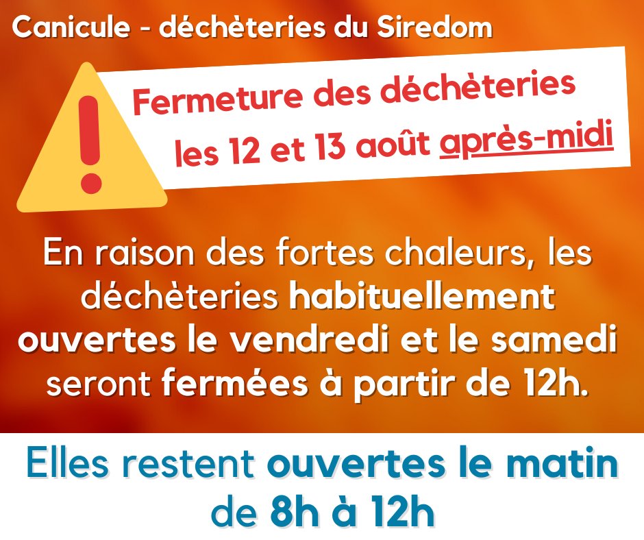 CCPAYSDELIMOURS's tweet photo. [♻ Environnement|Déchèterie] ‼️☀️ En raison des fortes chaleurs, les éco-centres du @siredom  habituellement ouverts le vendredi et le samedi seront fermés les 12 et 13 août après-midi. https://t.co/M2m2CwGkeR