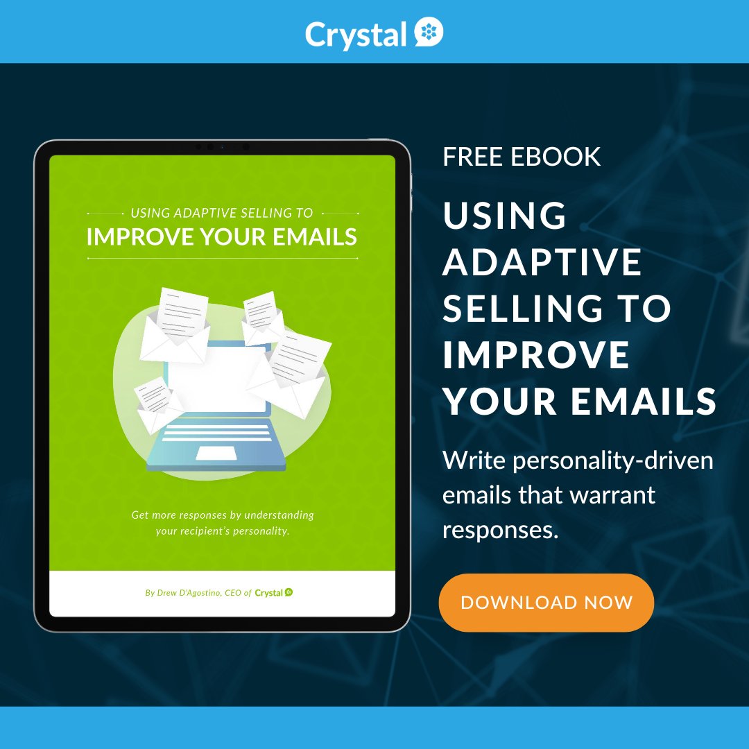CrystalKnowsMe's tweet image. How do you build sales emails that warrant responses? Communicate with empathy using adaptive selling skills.

Download our eBook to learn more:

hubs.ly/Q01jPs150

#crystalknows #adaptiveselling #customizedsales #personalizedemails #datadrivensales #behavioralsales