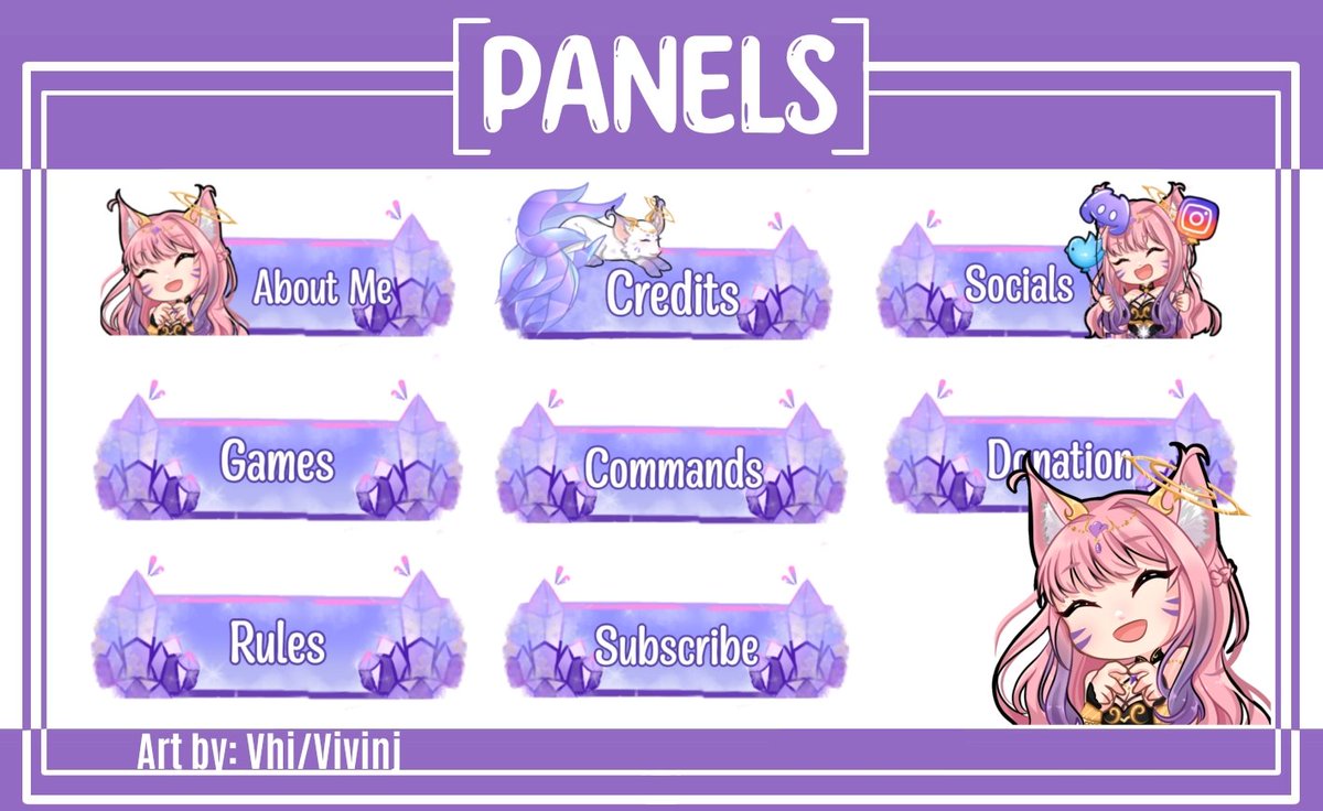 i'm completely obsessed with the new design of my twitch panels!! 💜

🎨 | ~ vivinj (Fiverr)

💎#Vtuber | #ENVtuber | #VTuberUprising 💎