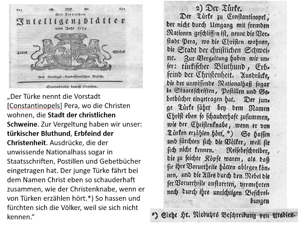 JoCroitoru's tweet photo. #Islambild 1774 Region Dortmund: 
"Lippische Intelligenzblätter" reflektierten, angeregt durch Carsten Niebuhrs "Beschreibung von Arabien", gegenseitige pejorative Bezeichnungen von #Türken &amp; Europäern
Fazit: 
"So hassen und fürchten sich die Völker, weil sie sich nicht kennen." https://t.co/NGlhxUxVfm