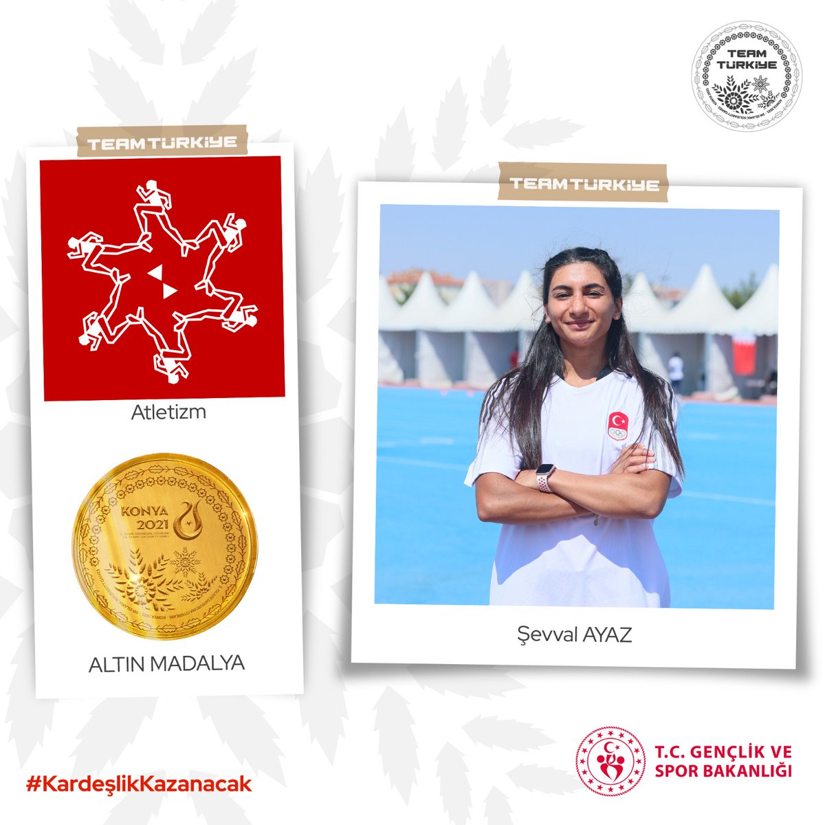 🥇Şevval Ayaz'dan rekorlu altın!

#Konya2021 5. İslami Dayanışma Oyunları'nda atlezim kadınlar 100m engel finalinde ülkemizi temsim eden Şevval Ayaz, 13.20'lik derecesiyle oyunlar rekoru kırarak altın madalya kazandı. 🏃🇹🇷

Harikasın Şevval!👏