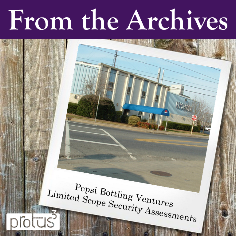 Protus3_RMA's tweet photo. Protus3 has conducted building security assessments, limited scope security assessments, and/or count room audits at nearly every Pepsi Bottling Ventures facility. Each new facility was evaluated for compliance with the current PBV standard. Read more: https://t.co/ufvpV45FEQ https://t.co/cGKa5LGFQw