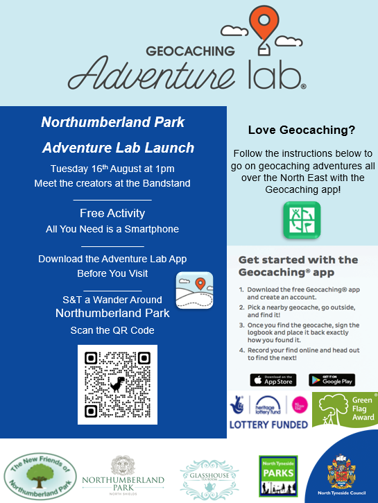 NlandPark's tweet image. Join us on Tuesday, 16 August, for the launch of Northumberland Park's #adventurelab. Meet the creators at the bandstand at 1pm! You will need a smartphone with the Adventure Lab app downloaded. 
#parklifebroughttoyou #geocaching #northtyneside #northshields #northumberlandpark