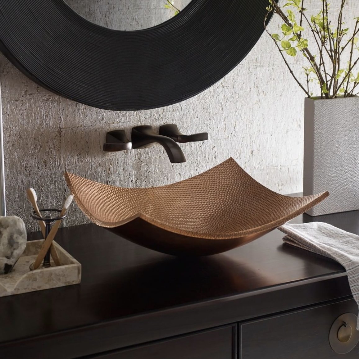 The beauty of hand-hammered copper is on full display with our Arandas Vessel Sink. Each solid #metal #sink is crafted by our talented artisans, taking hours or even days to complete. For a truly bespoke design experience, look no further than #ThompsonTraders.
