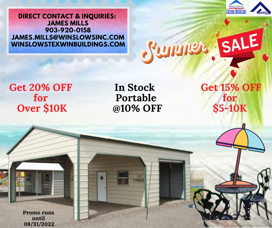 Celebrate your Summer with our metal Buildings😊 Get yours today❗

Follow us or Visit our website at winslowstexwinbuildings.com for more details.

#metalgarage #metalbuildings #competitor #metalbuildinghomes #portablebuilding #sale #Summersale #roofing #RentToOwn