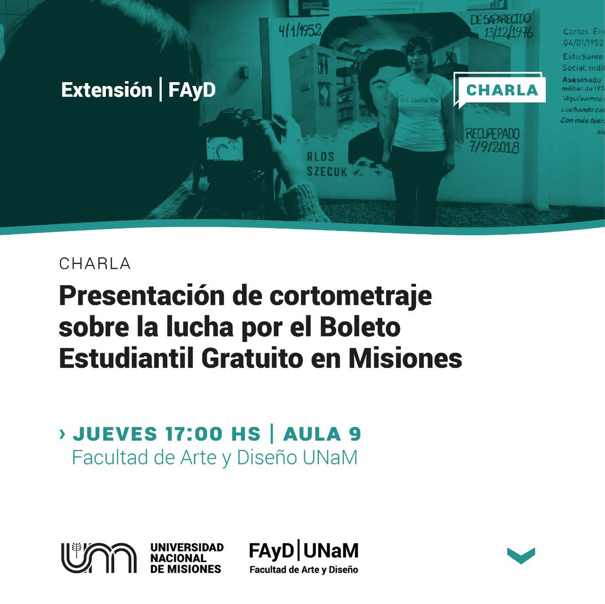 Presentación de cortometraje sobre la lucha por el Boleto Estudiantil Gratuito en Misiones

> JUEVES 17:00 HS | AULA 9 Facultad de Arte y Diseño UNAM

#charla #beeg #cortometraje #extensión #FAyD #UNaM <a href="/unam_misiones/">Universidad Nacional de Misiones</a>