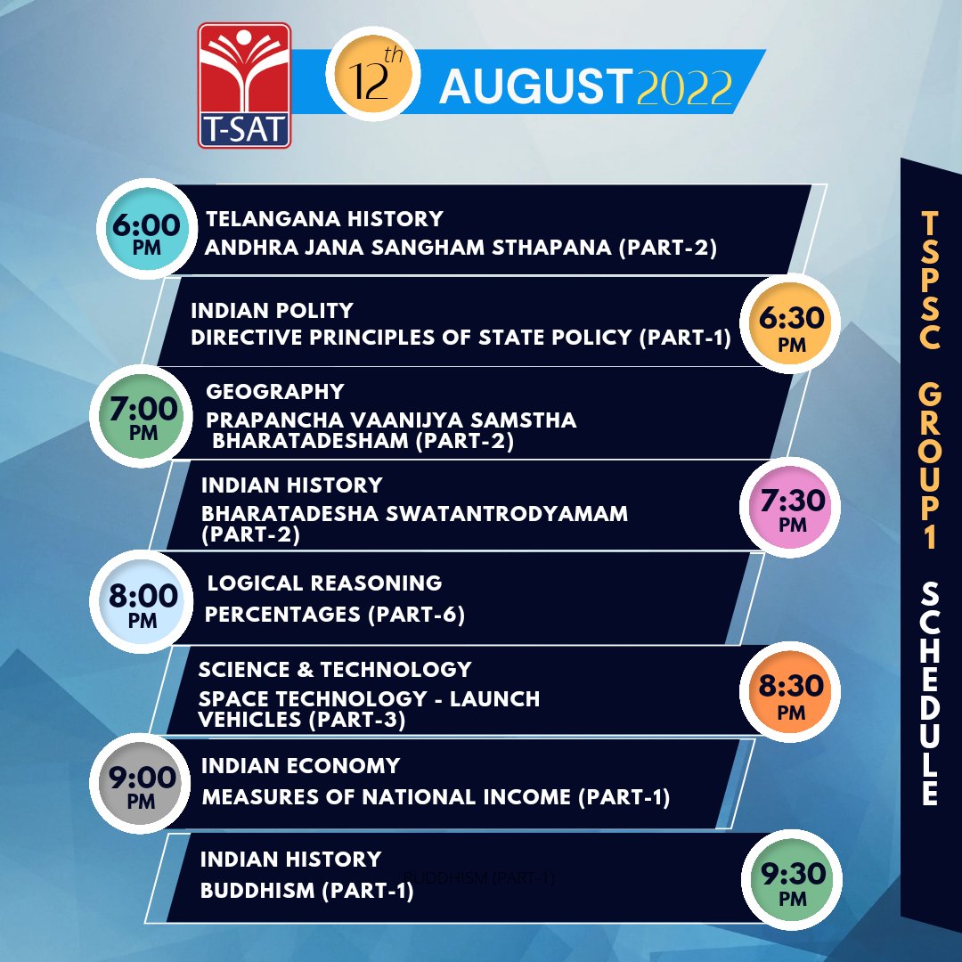 TSATnetwork's tweet photo. ๐ด TSPSC Group-1 Classes Telecast Timings - 12th August 2022
#TelanganaTSAT
#Group1Classes https://t.co/xIHr0cZtRg