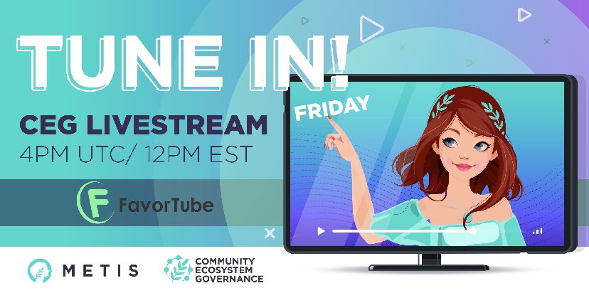 What is @favorlabs and how can they enrich Metis ecosystem? Find out tomorrow!🎥

Friday, Aug 12th at 12pm EST/4pm UTC make sure to watch another CEG episode and don’t forget to vote after!

🌿Metis L2 - let’s build governance together!🙌🏻